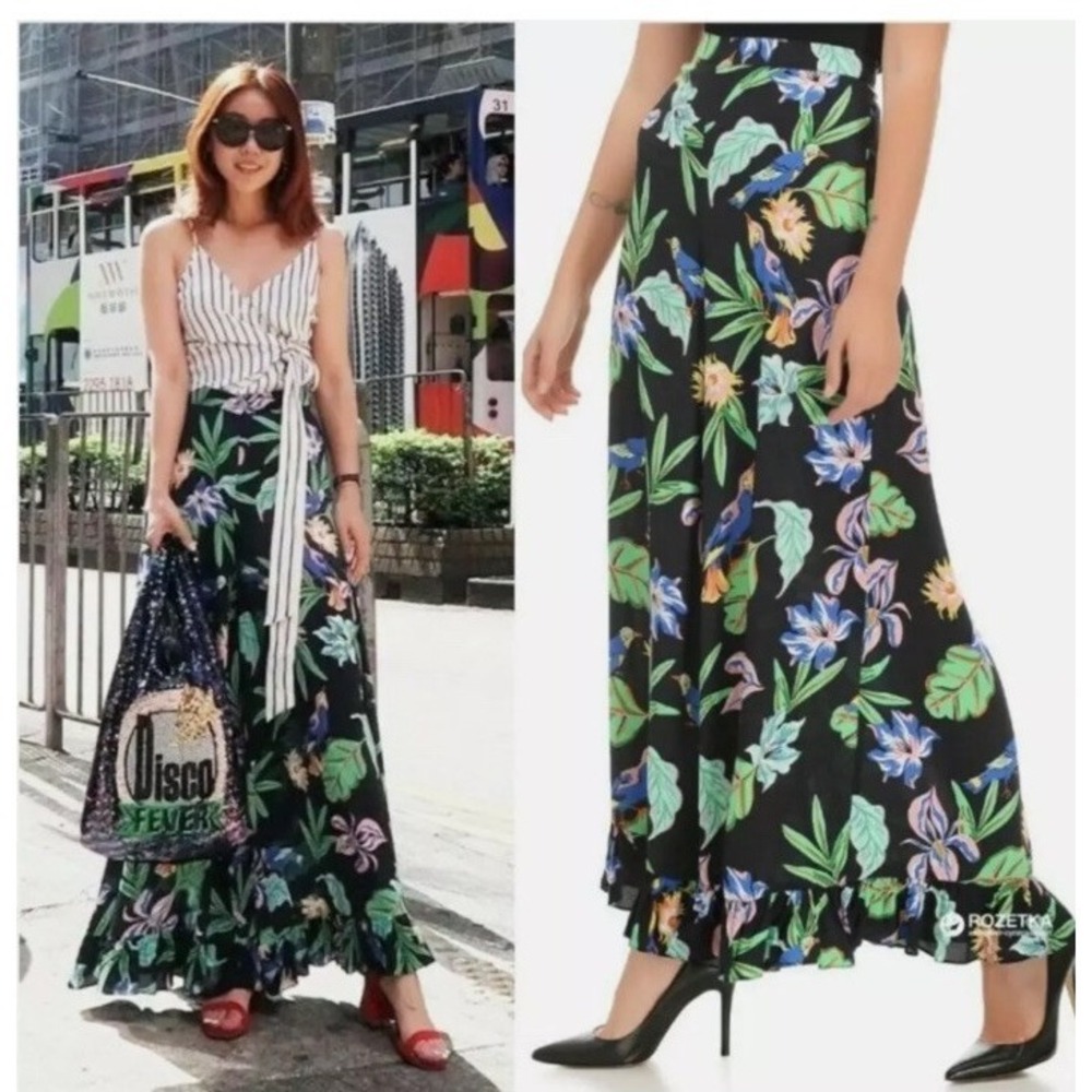 ZARA Tropical Floral Wide Leg Pants L Ruffle Hem Multi‎ Color Hawaiian